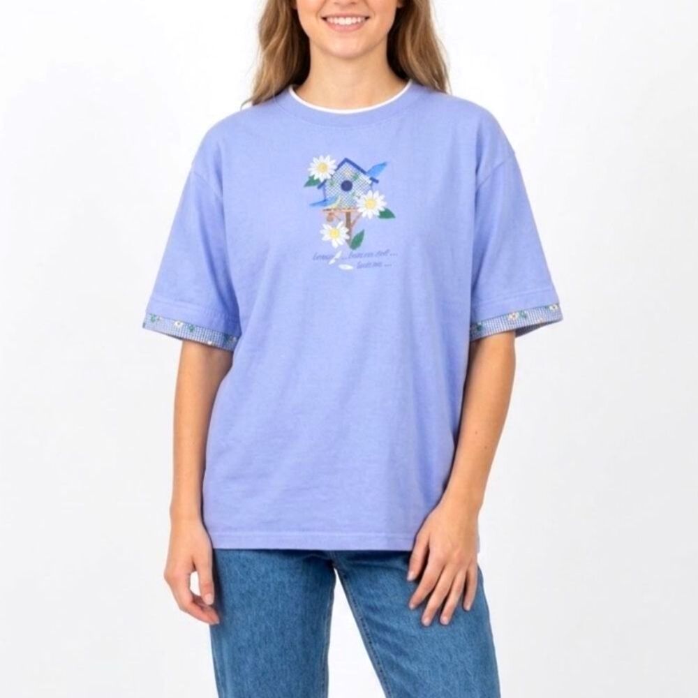 Top Stitch Womens Periwinkle Blue Embroidered Birdhouse Vintage SS Tee Size XL